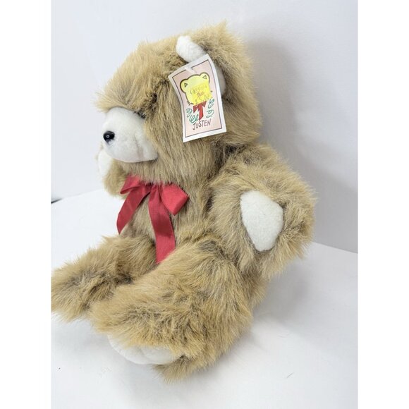Vintage Justen 16" Plush Fuzzy Brown Teddy Bear With Red Bow Stuffed Animal - Picture 5 of 13
